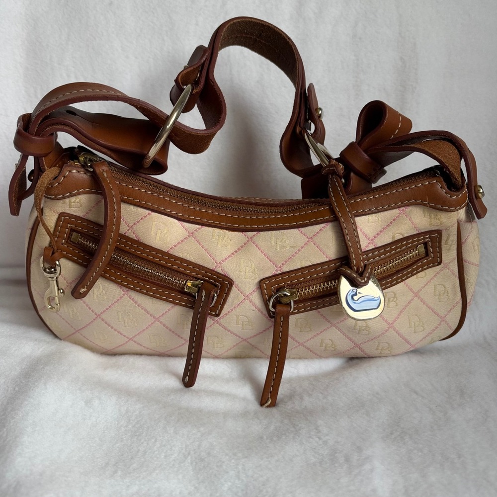 Dooney & Bourke Quilted Monogram Baguette Shoulder Bag Pink Cream Leather Trim